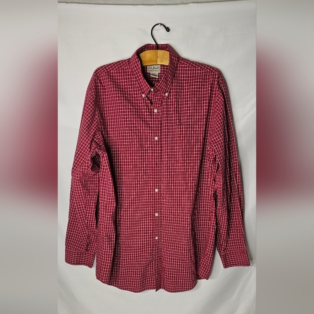 L.L. Bean Button Down Shirt Men Size Large Red White Check Long Sleeve